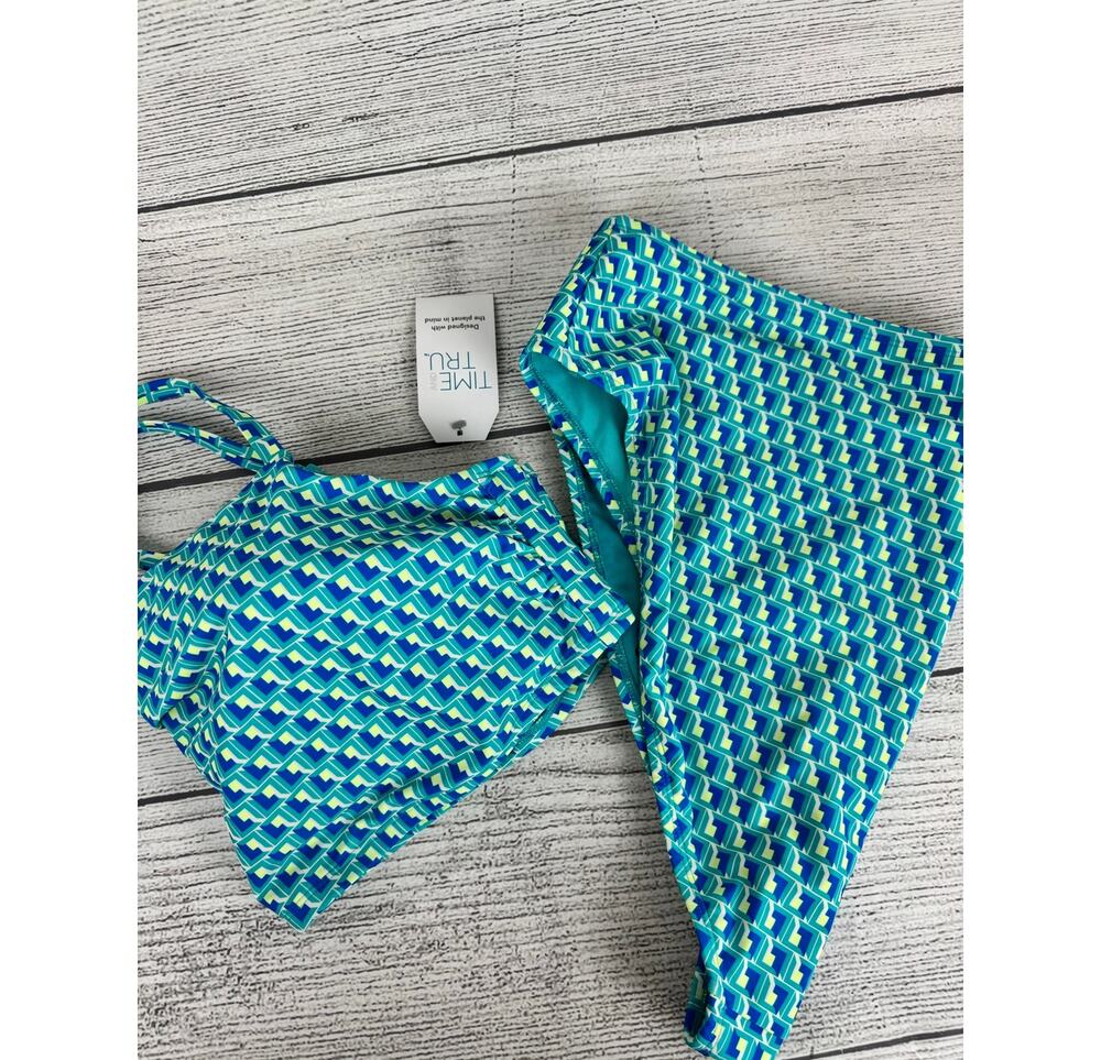 Time And Tru Plus Size Blue & Yellow Geo 2pc Matching Bikini Swimsuit Size 3X